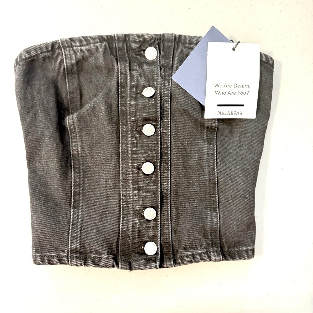 Pull & Bear Black Denim Corset Bustier Crop Top Goth Grunge Streetwear Med NWT